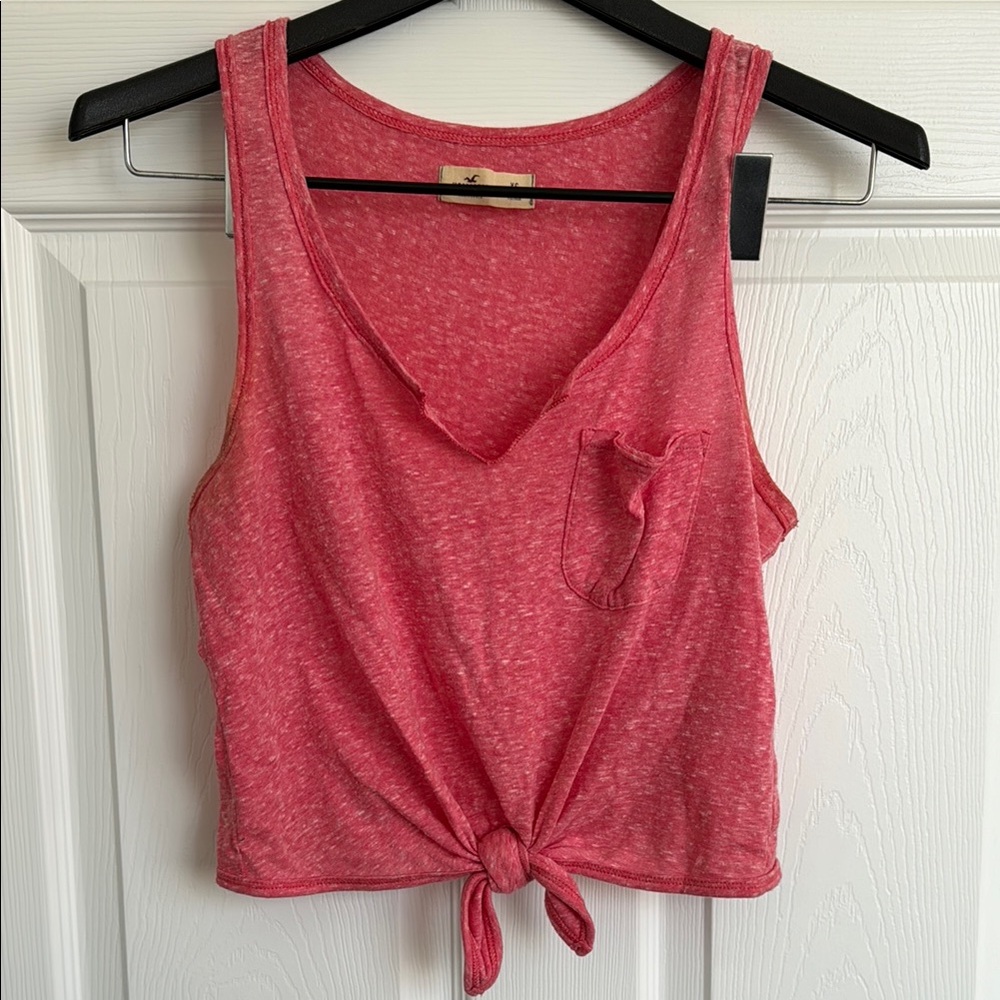 Vibrant Barbie Heathered Pink Tie Front Notch Neck Crop Tank Top